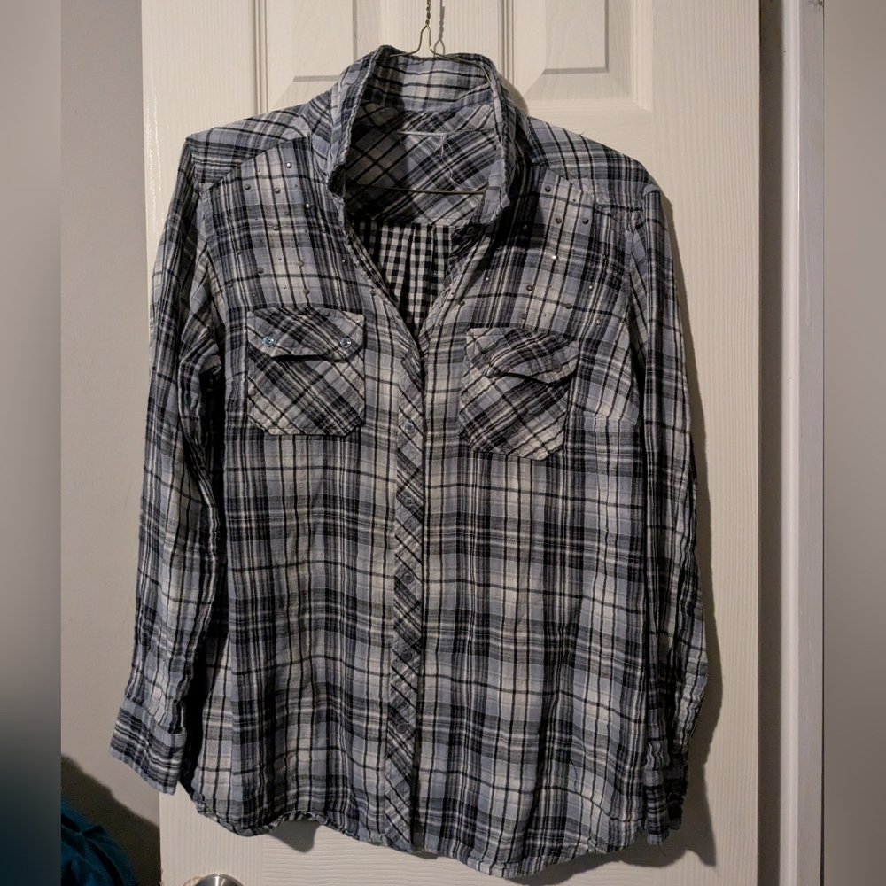#122 Gray Black Plaid Rhinestone Button Front Shirt Long Sleeve Western Grunge
